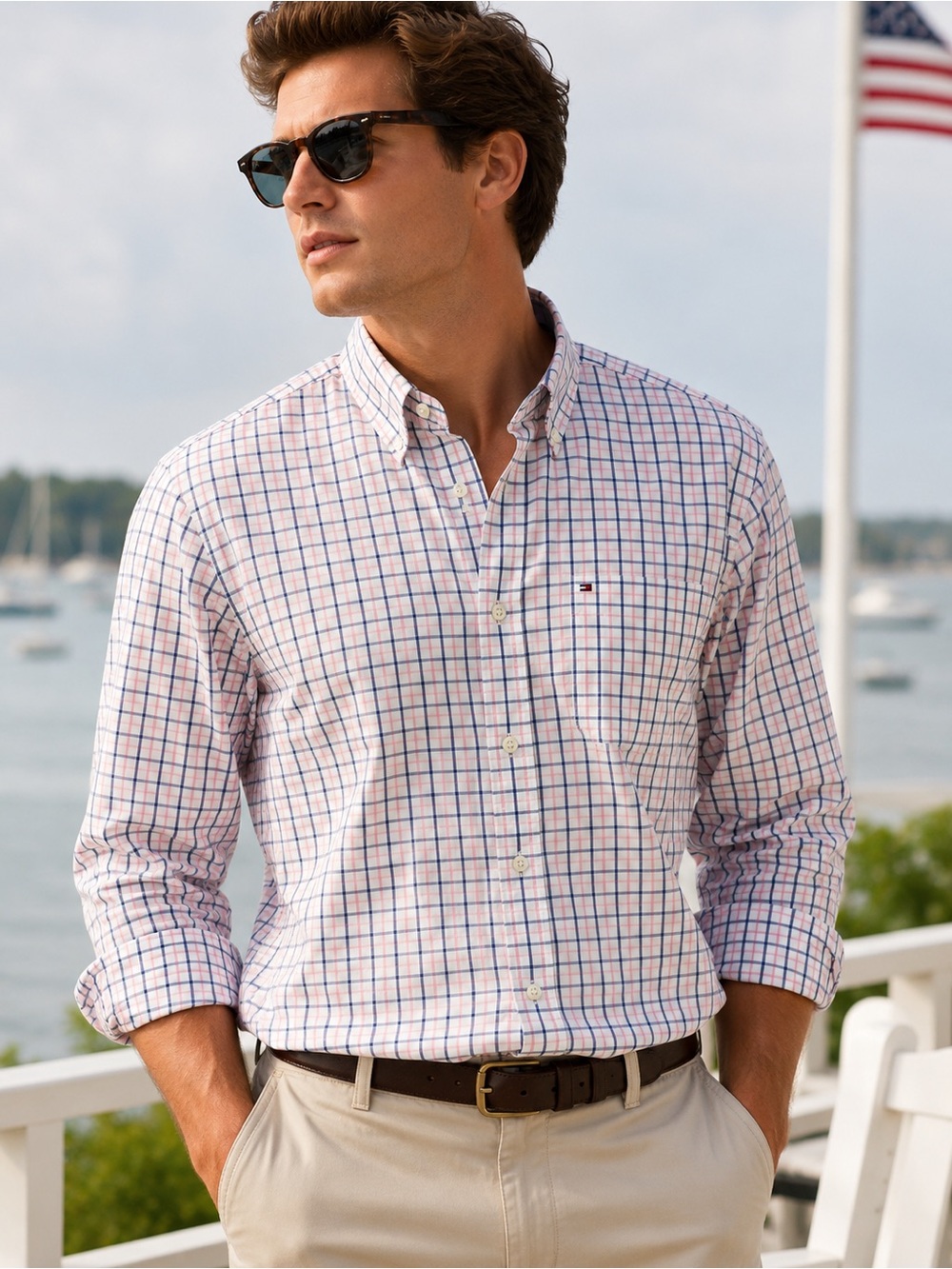 Tommy Hilfiger Classic Fit Pink Blue Plaid Button Down Shirt Large Preppy